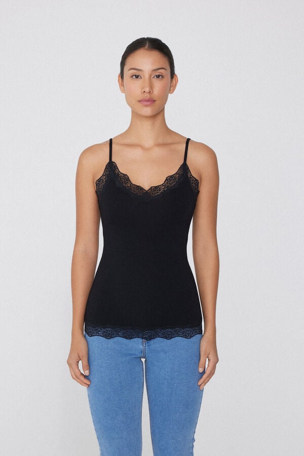 Tezenis Camiseta Tirantes Finos Escote Pico Viscosa Encaje