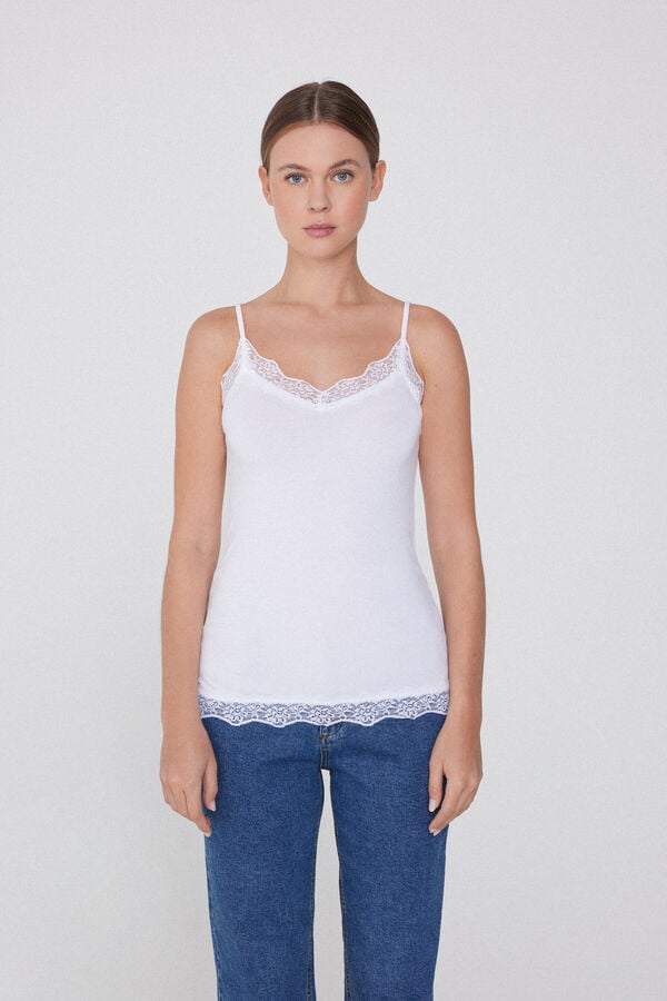 Tezenis Camiseta Tirantes Finos Escote Pico Viscosa Encaje