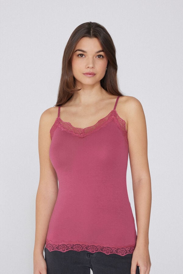 Tezenis Camiseta Tirantes Finos Escote Pico Viscosa Encaje