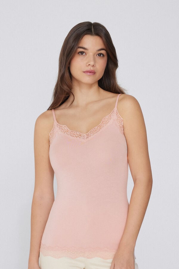 Tezenis Camiseta Tirantes Finos Escote Pico Viscosa Encaje