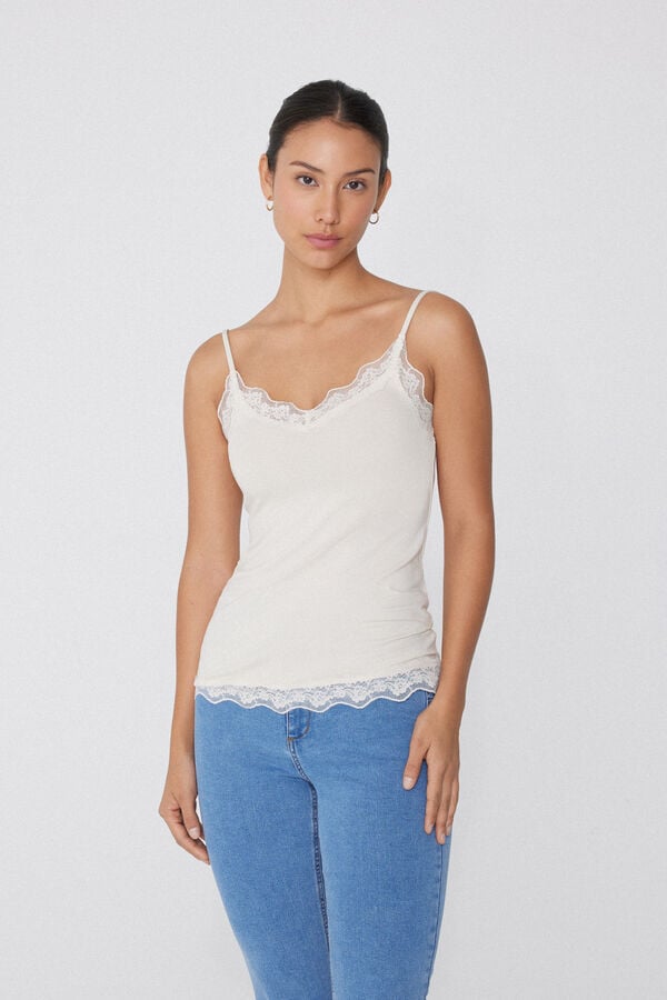 Tezenis Camiseta Tirantes Finos Escote Pico Viscosa Encaje