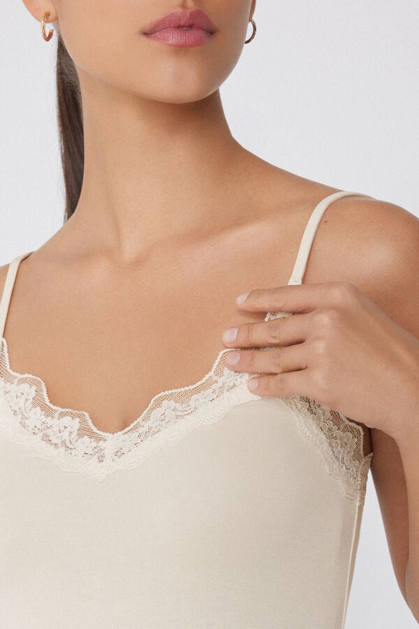 Tezenis Camiseta Tirantes Finos Escote Pico Viscosa Encaje