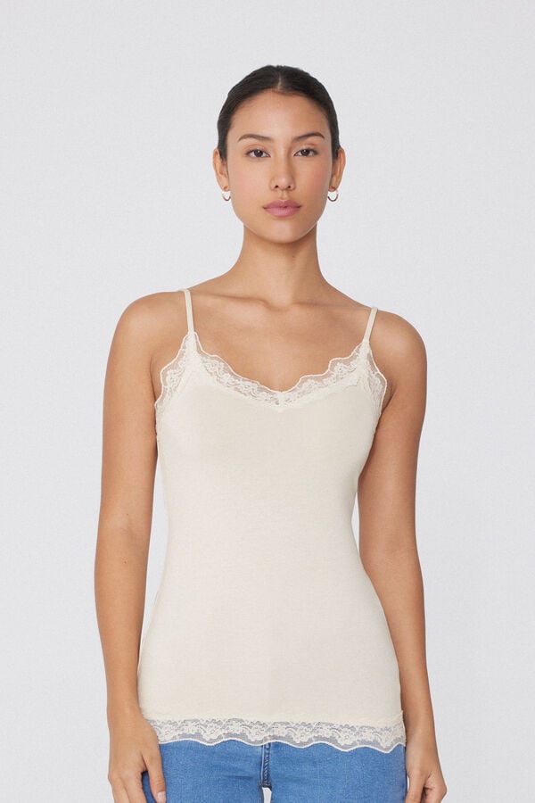 Tezenis Camiseta Tirantes Finos Escote Pico Viscosa Encaje