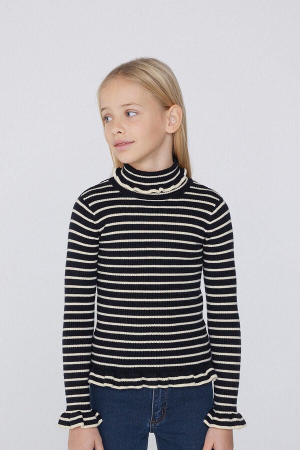 Tezenis Jersey de Canalé con Manga Larga y Cuello Alto con Volantes para Niña