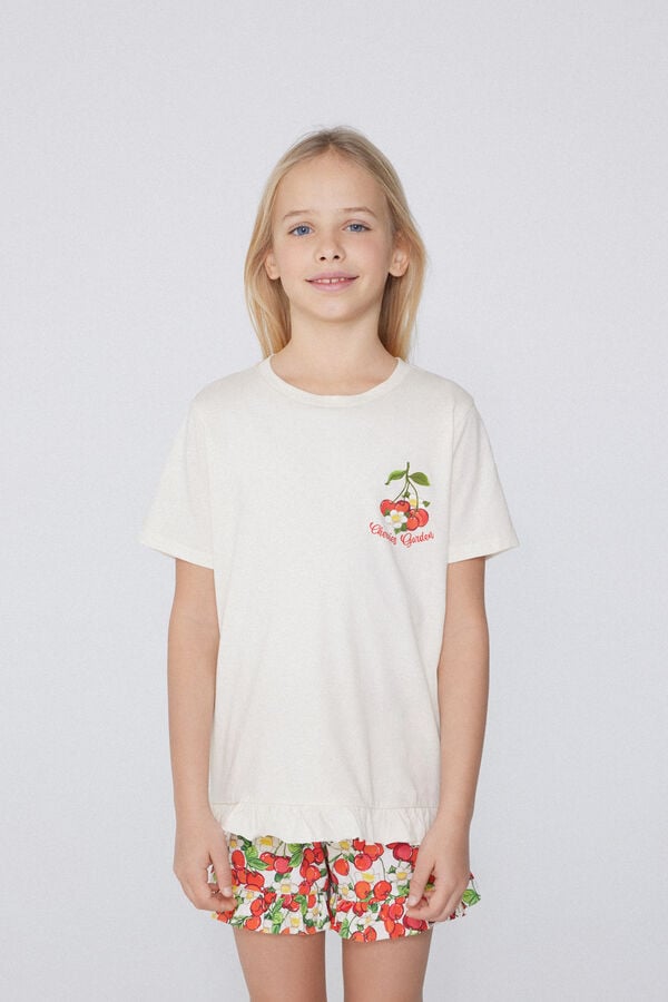 Tezenis Pijama Corto de Algodón de Manga Corta con Estampado de Cerezas para Niña