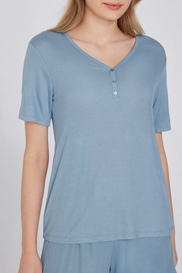 Tezenis Pijama Corto Viscosa Canalé Escote Pico Abotonado