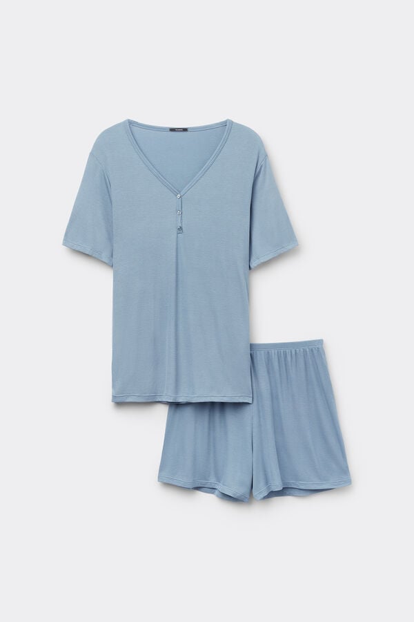 Tezenis Pijama Corto Viscosa Canalé Escote Pico Abotonado