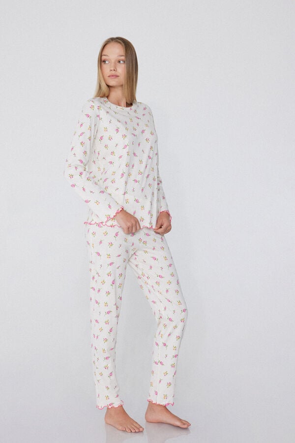 Tezenis Pijama Largo De Algodón De Punto Festoneado De Flores