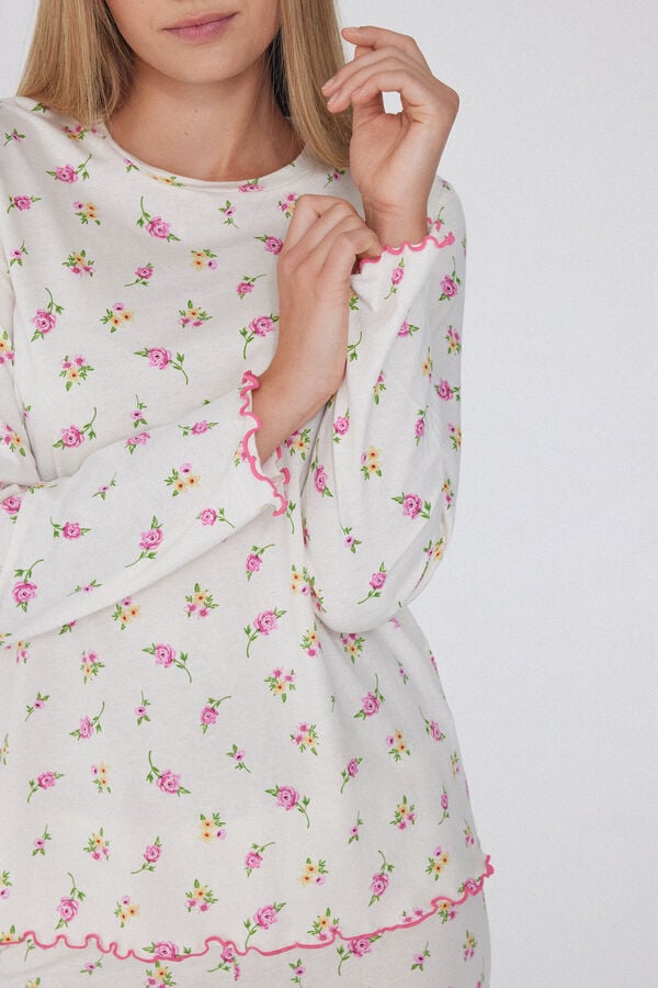 Tezenis Pijama Largo De Algodón De Punto Festoneado De Flores