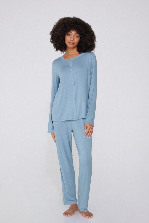 Tezenis Pijama Largo Viscosa Y Encaje Abertura Delantera Con Botones