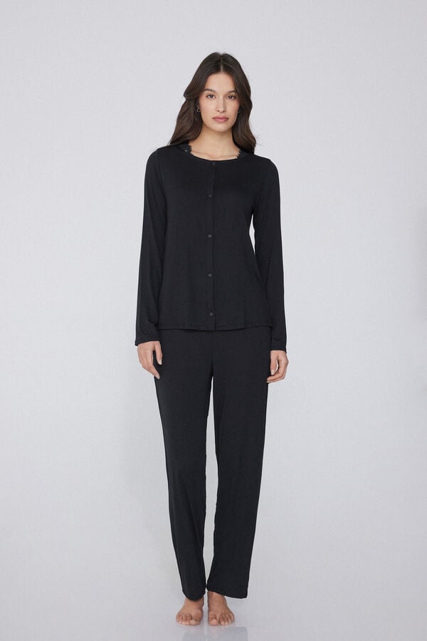 Tezenis Pijama Largo Viscosa y Encaje Abertura Delantera con Botones