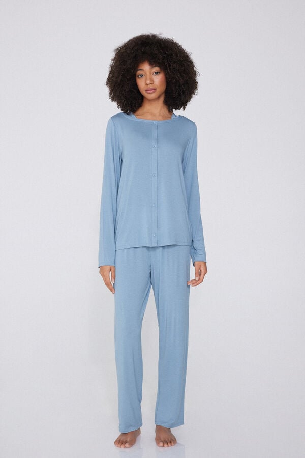 Tezenis Pijama Largo Viscosa y Encaje Abertura Delantera con Botones