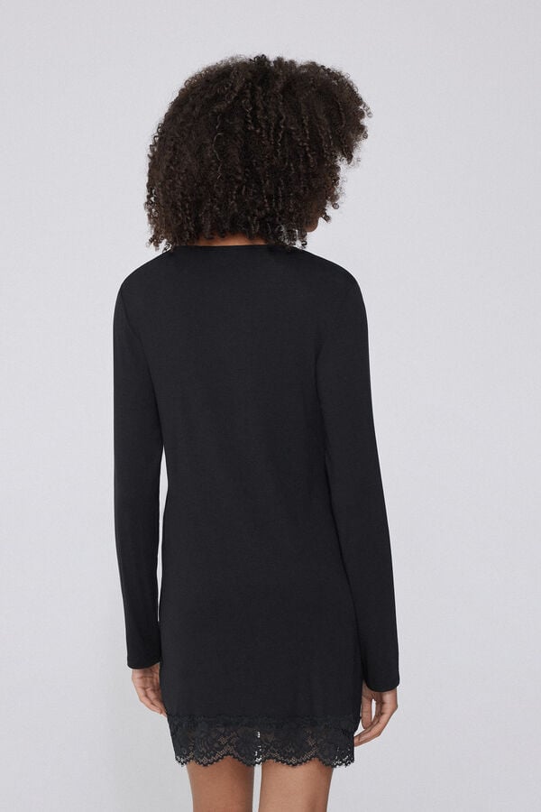 Tezenis Camisón De Manga Larga De Viscosa Y Encaje