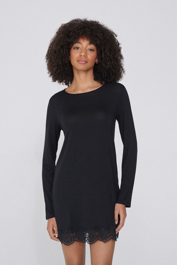 Tezenis Camisón de Manga Larga de Viscosa y Encaje