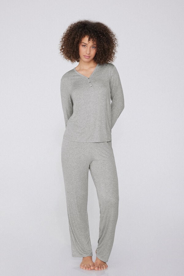 Tezenis Pijama Largo Canalé Escote Pico Abotonado