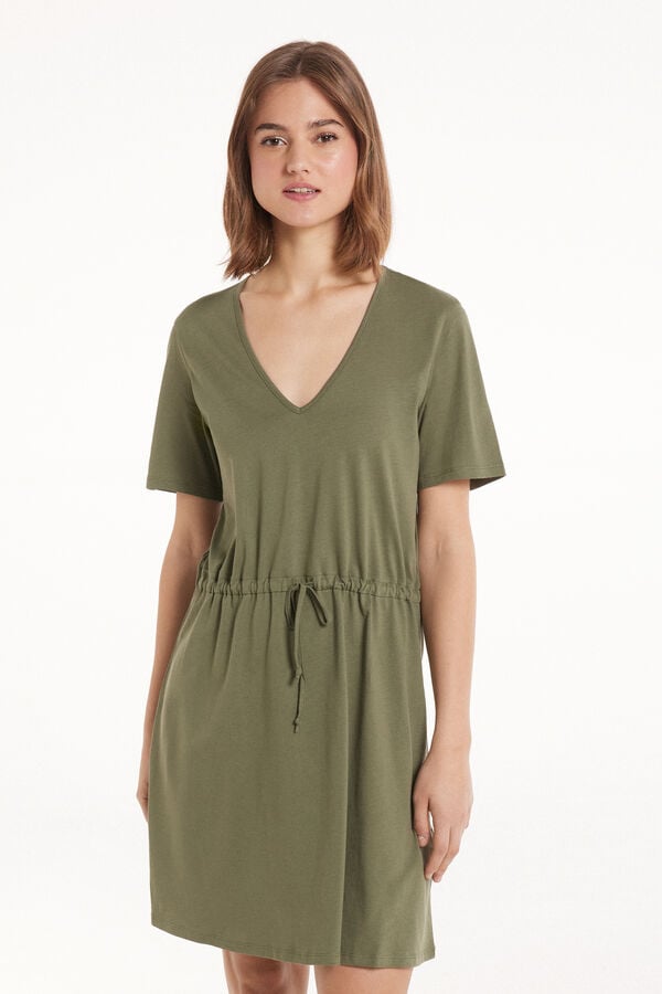 Tezenis Vestido Corto de Manga Corta de Algodón con Escote Pico