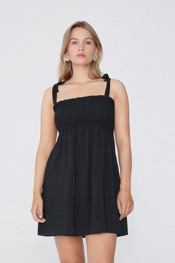 Tezenis Vestido Corto de Tela de Viscosa con Punto Smock