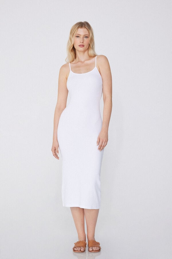 Tezenis Vestido Midi De Canalé De Algodón Con Tirantes Finos