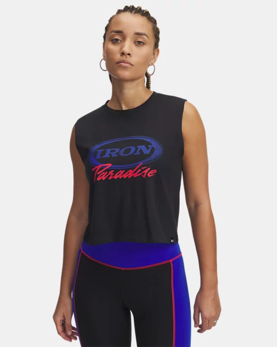 Under Armour Camiseta de tirantes Project Rock Iron Paradise para mujer