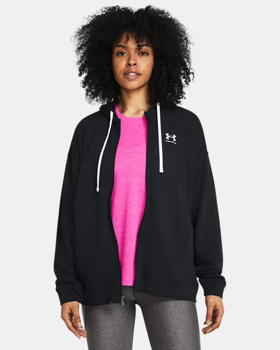 Under Armour Sudadera oversize con capucha y cremallera completa UA Rival Terry para mujer  