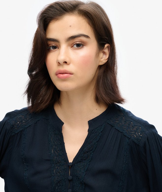 Superdry Blusa De Manga Larga Con Ribete De Encaje Y Fruncido