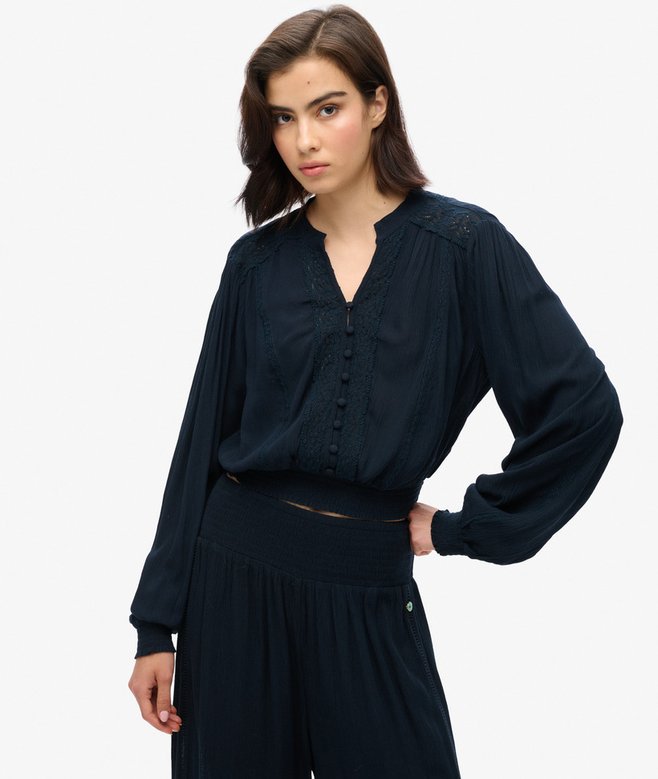 superdry Blusa de manga larga con ribete de encaje y fruncido