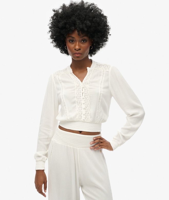 superdry Blusa de manga larga con ribete de encaje y fruncido