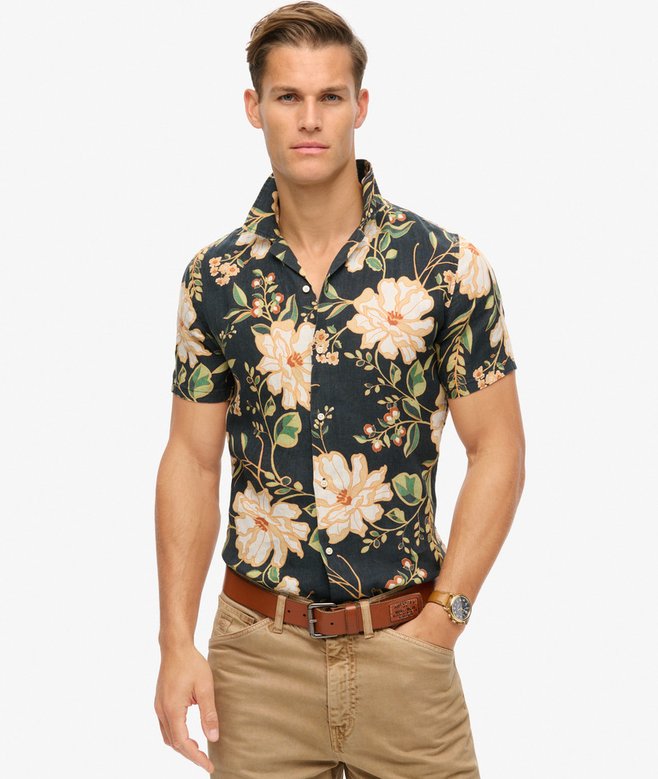 superdry Camisa de lino estampada con cuello cubano
