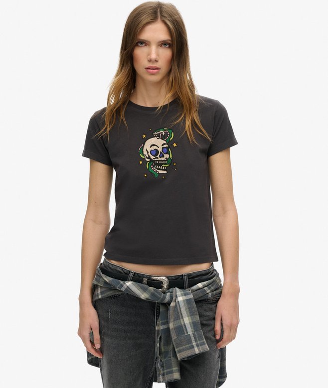 superdry Camiseta ajustada con strass y motivo de tatuaje pequeño