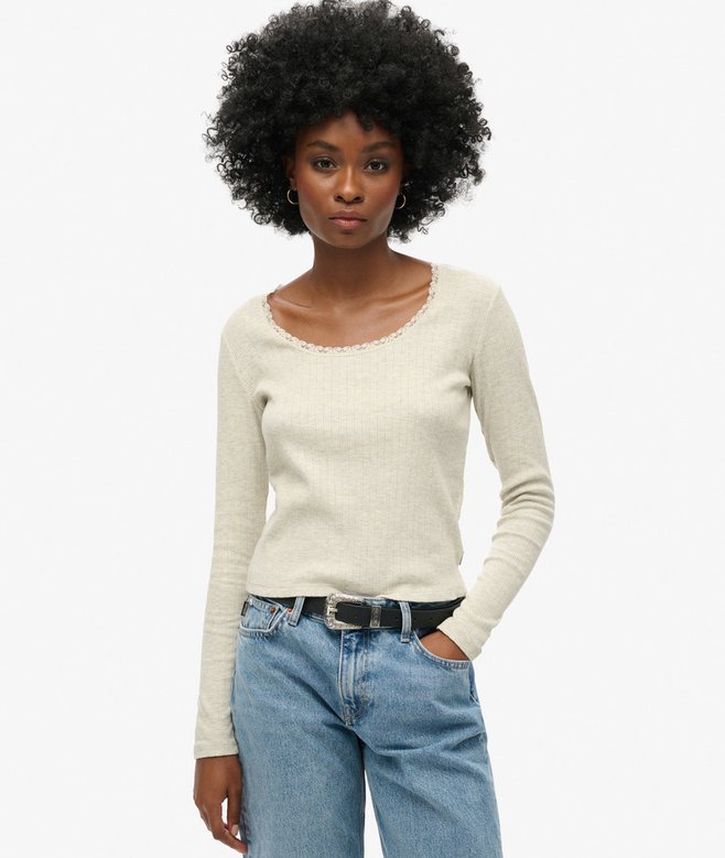 superdry Camiseta de canalé y manga larga con ribete de encaje Essential