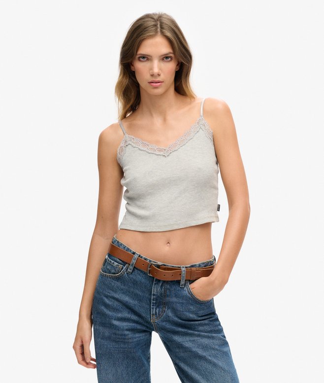 superdry Camiseta de tirantes de canalé con ribete de encaje