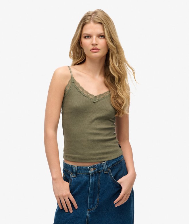 superdry Camiseta de tirantes de canalé de algodón orgánico con encaje Essential