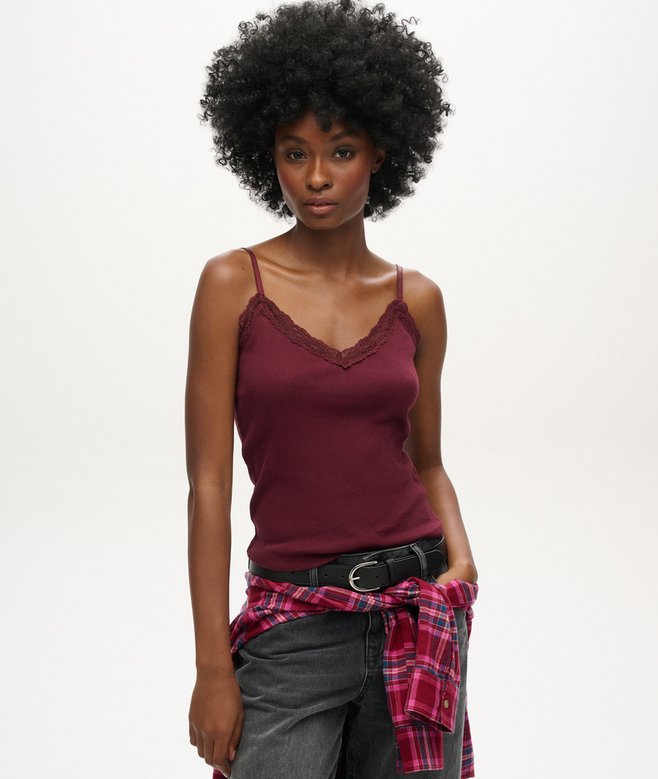 superdry Camiseta de tirantes de canalé de algodón orgánico con encaje Essential