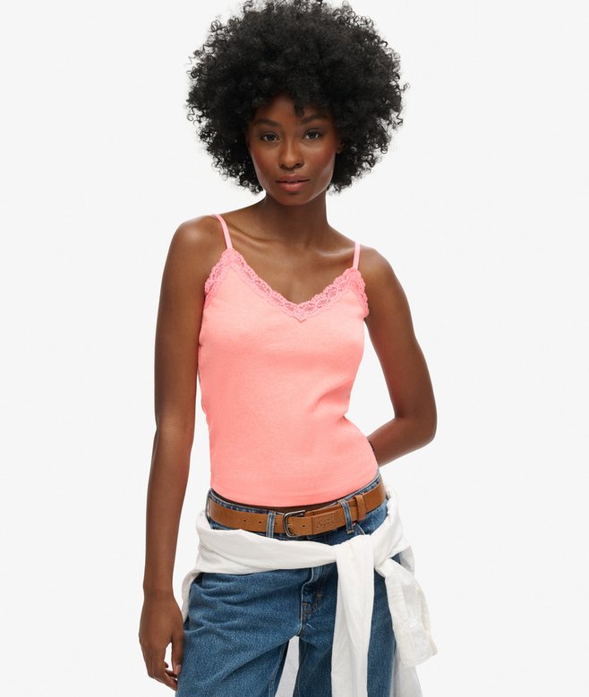 superdry Camiseta de tirantes de canalé de algodón orgánico con encaje Essential
