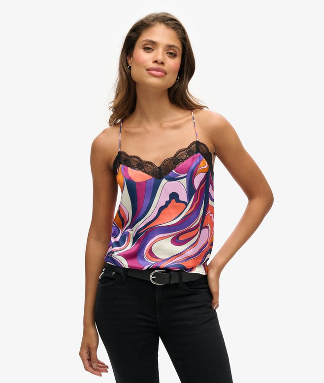 superdry Camiseta de tirantes de satén con ribete de encaje