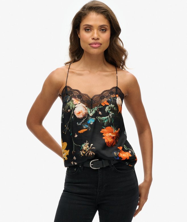 superdry Camiseta de tirantes de satén con ribete de encaje