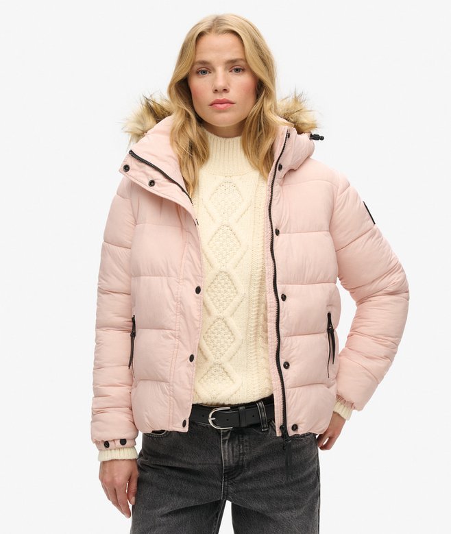 superdry Cazadora acolchada corta con capucha y ribete de pelo sintético