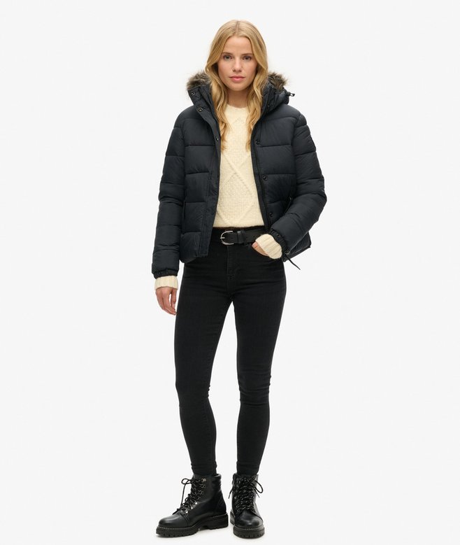 Superdry Cazadora Acolchada Corta Con Capucha Y Ribete De Pelo Sintético