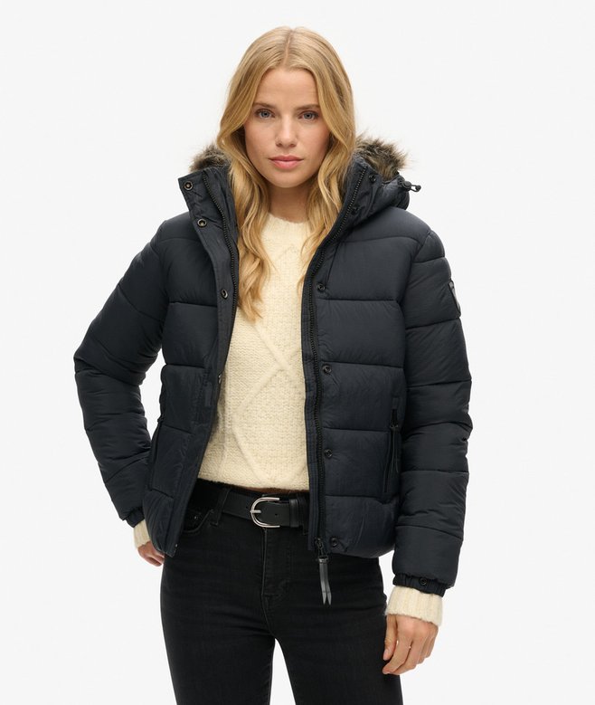 superdry Cazadora acolchada corta con capucha y ribete de pelo sintético
