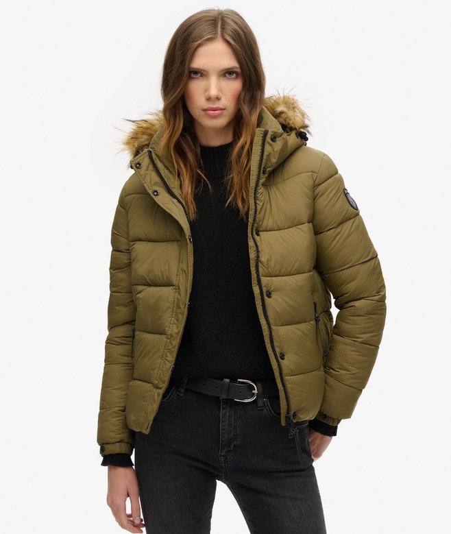 superdry Cazadora acolchada corta con capucha y ribete de pelo sintético