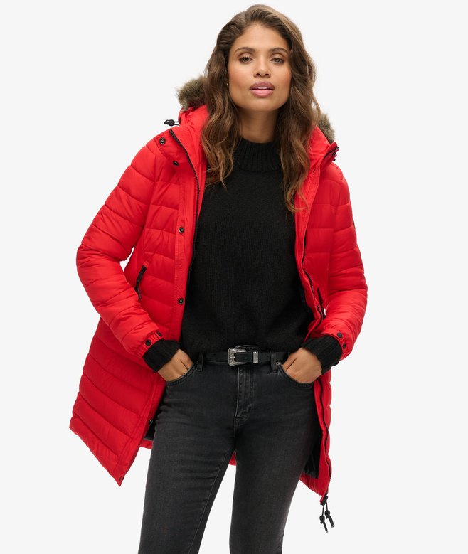 superdry Chaqueta acolchada con capucha de pelo sintético de largo medio