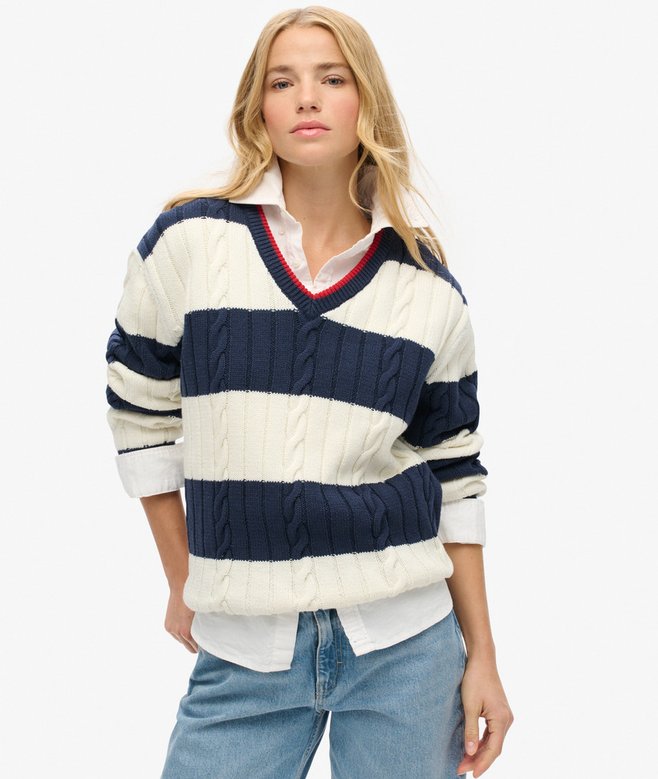 superdry Jersey a rayas extragrande de punto trenzado con cuello de pico