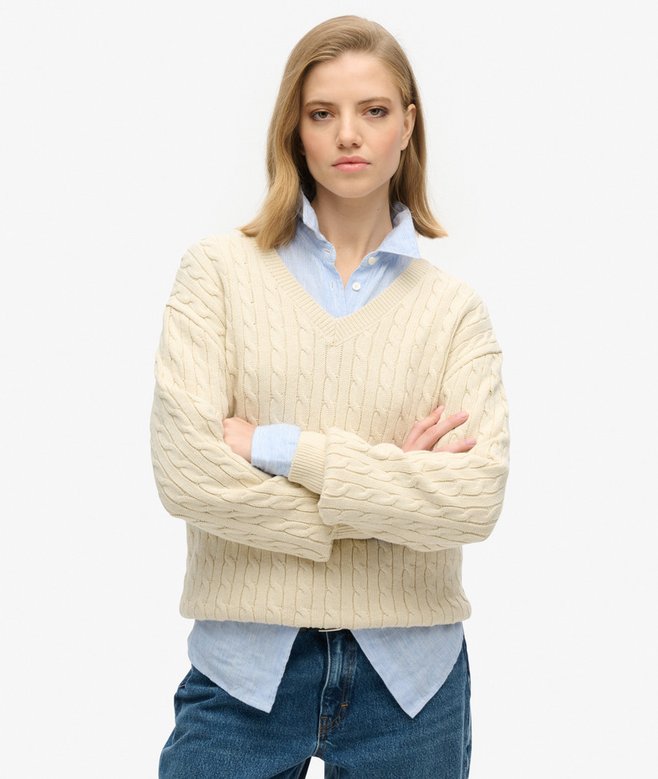 superdry Jersey de punto de ochos con cuello de pico extragrande