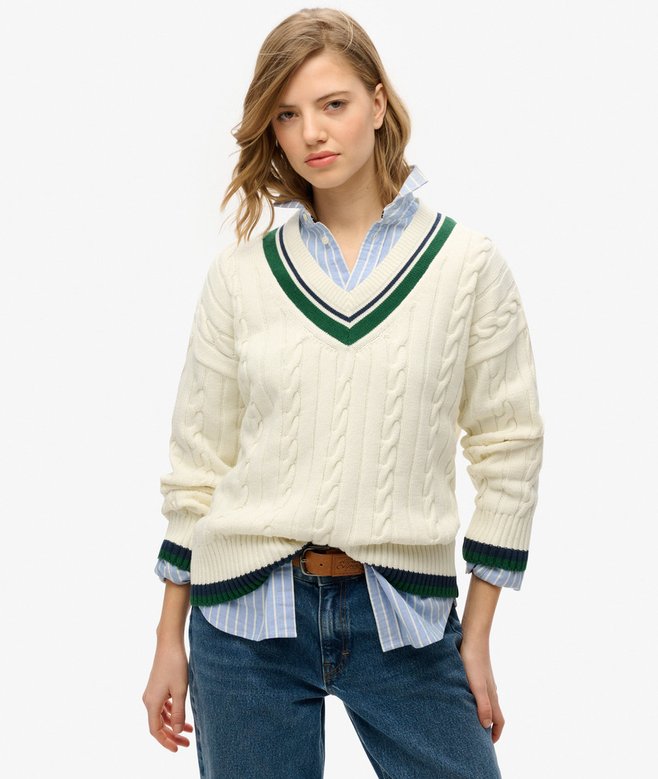 superdry Jersey extragrande de punto de cricket con cuello de pico