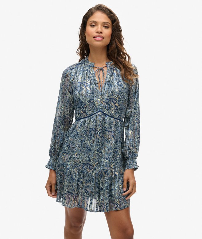 superdry Minivestido metalizado de manga larga estampado