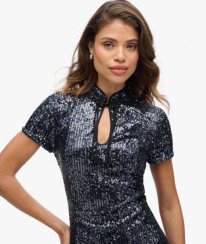 Superdry Vestido Midi De Lentejuelas Y Cuello Mao