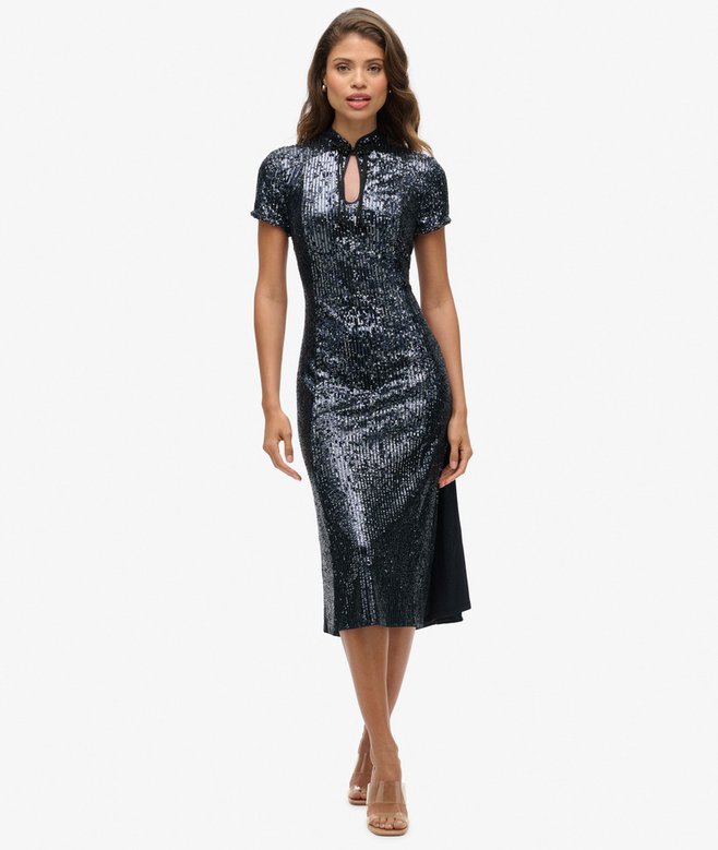 superdry Vestido midi de lentejuelas y cuello mao