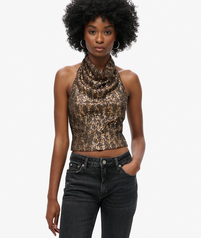 superdry Top de lentejuelas con cuello halter drapeado