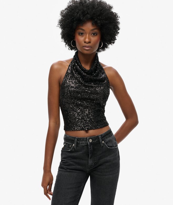 superdry Top de lentejuelas con cuello halter drapeado