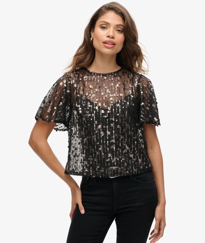 superdry Top de manga corta transparente con lentejuelas